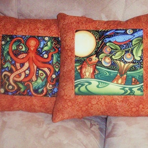 Quilted Pillow Cover Moonlight Fisherman With Rust Borders image 5