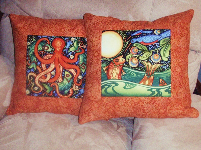 Quilted Pillow Cover Moonlight Fisherman With Rust Borders image 5