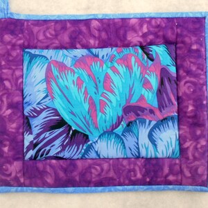 Quilted Pot Holder / Hot Pad Oversized Tropical Blue Flower with Purple Borders image 3