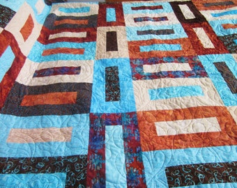 King or Queen Size Bed Quilt in Brown, Tan, Rust and Aqua Mosaic Tiles Pattern