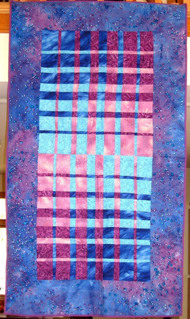 Quilted Wall Hanging Woven strips of Blue and Purple with Galaxy Blue Border Fabric image 1