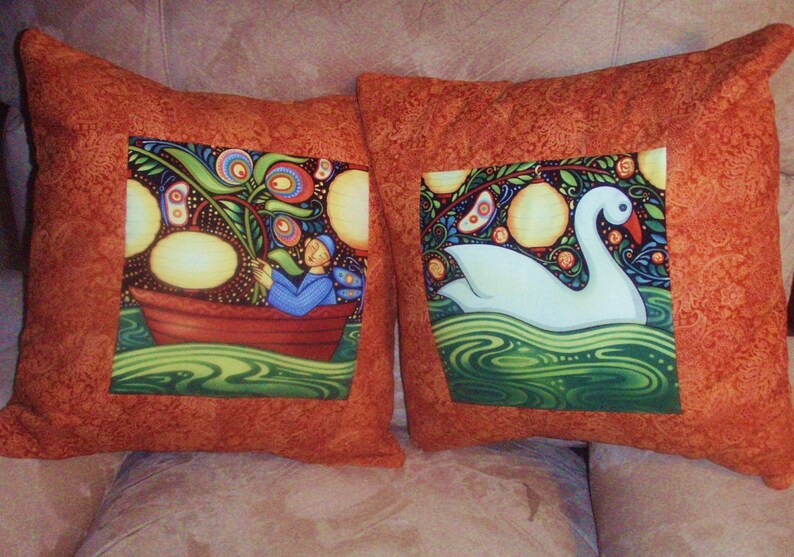 Quilted Pillow Cover Moonlight Fisherman With Rust Borders image 4