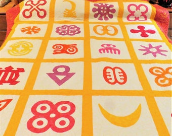 African Adinkra Symbols-- Quilted Wall Hanging in Colors of Passion -- Red Orange Yellow and Hot Pink "A Man Of Valor"