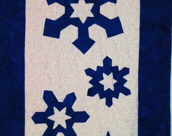 Quilted Winter Snowflake Table Runner Cobalt Blue and White