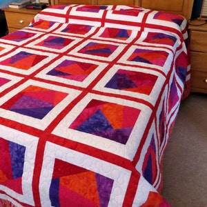 Queen Size or King Size Quilt in Shades of Red, Orange, Purple and Pink, Machine Pieced and Machine Quilted image 2