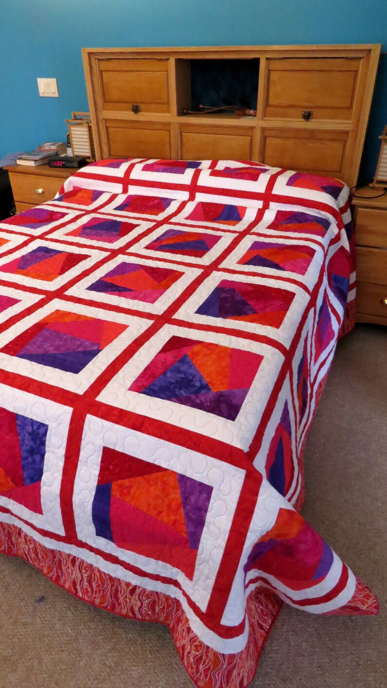 Queen Size or King Size Quilt in Shades of Red, Orange, Purple and Pink, Machine Pieced and Machine Quilted image 2