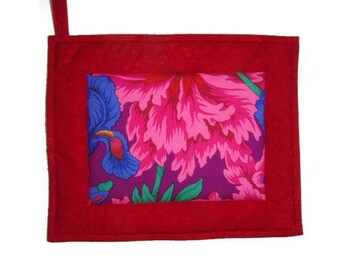 Oversized Quilted Pot Holder / Hot Pad -- Hot Pink Flower with Red Borders and Backing