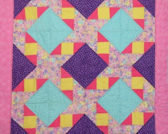 Baby Girl Quilt, Wall Hanging in Pink, Purple, Aqua and Yellow