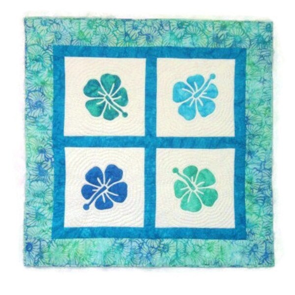 Quilted Hawaiian Wall Hanging - Hibiscus Flowers in Blues and Greens