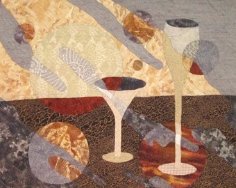 Quilted Wall Hanging -- Happy Hour Champagne and Martini Glasses in Tans and Gray