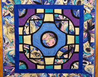 Abstract Original Design Wall Quilt in Blue, Purple, Tan and Black, Picasso-Like Fabric, Quilted Wall Hanging, Quilted Throw