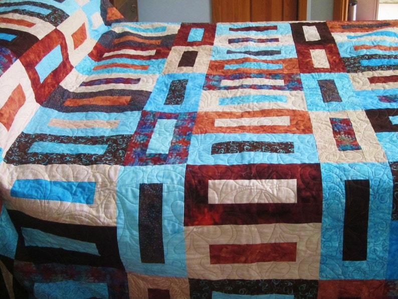King or Queen Size Bed Quilt in Brown Tan Rust and Aqua | Etsy