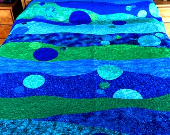 Queen Quilt, Hand Appliqued and Machine Quilted in Shades of Blue and Green with Hand Appliques Bubbles