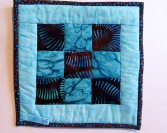 Quilted Potholder -  Checkerboard in Aqua and Brown
