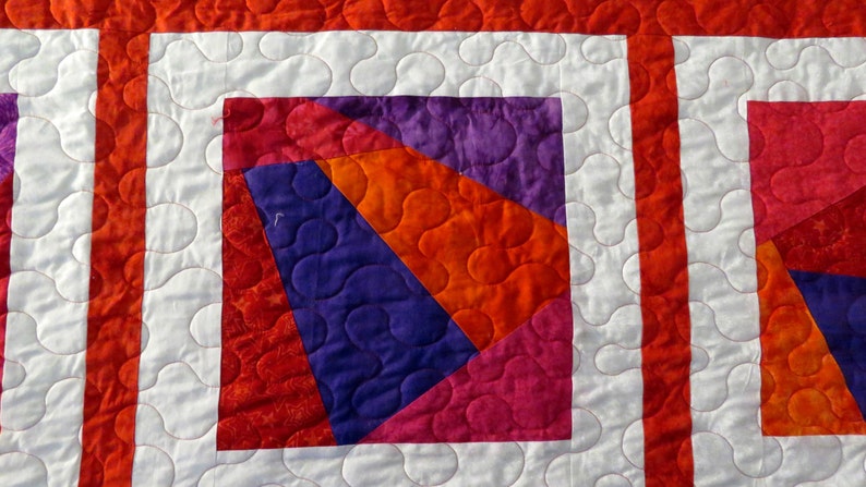 Queen Size or King Size Quilt in Shades of Red, Orange, Purple and Pink, Machine Pieced and Machine Quilted image 4