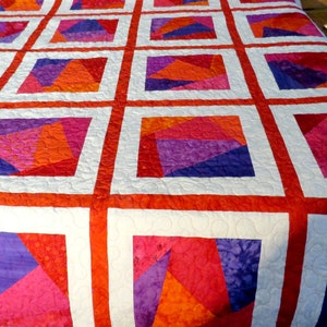 Queen Size or King Size Quilt in Shades of Red, Orange, Purple and Pink, Machine Pieced and Machine Quilted image 5
