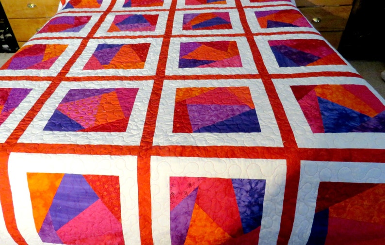 Queen Size or King Size Quilt in Shades of Red, Orange, Purple and Pink, Machine Pieced and Machine Quilted image 5