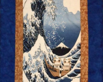 Quilted Wall Hanging Tenugui Japanese Fabric with Cats, Tsunami and Mount Fuji  Art Panel in Blue, White and Tan