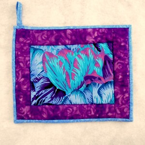 Quilted Pot Holder / Hot Pad Oversized Tropical Blue Flower with Purple Borders image 1