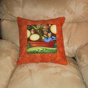 Quilted Pillow Cover Moonlight Fisherman With Rust Borders image 2