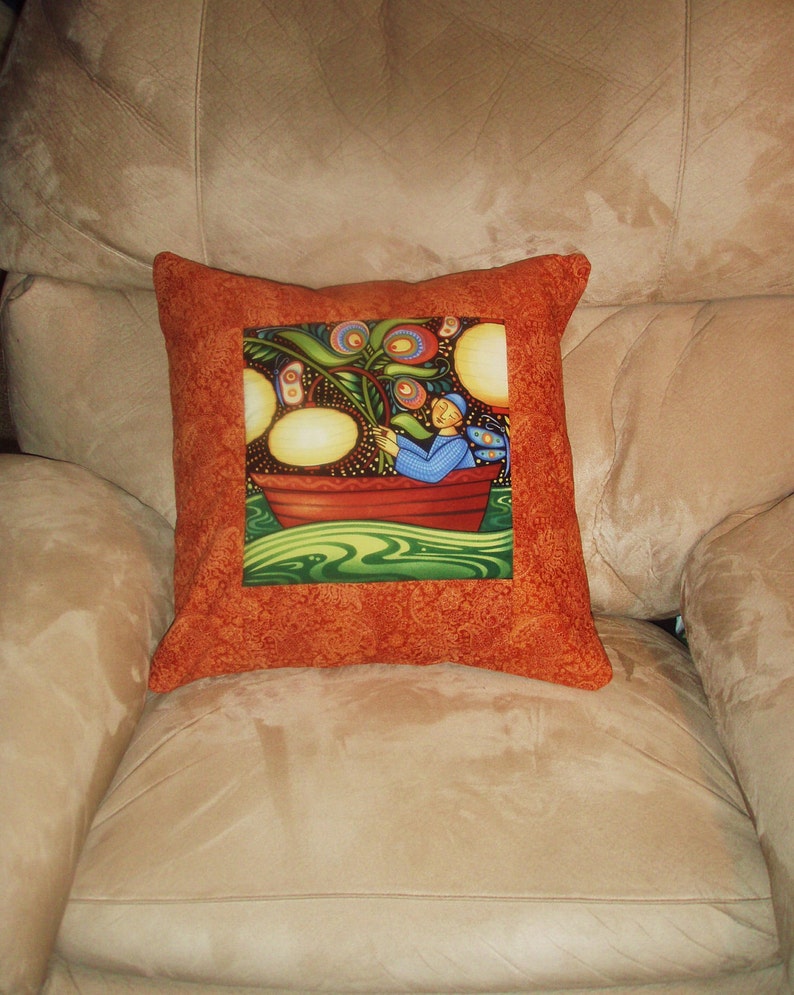 Quilted Pillow Cover Moonlight Fisherman With Rust Borders image 2