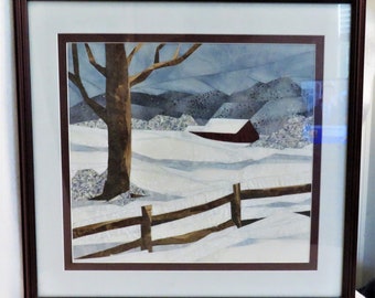 Handmade Quilted Snow Scene Professionally Framed 19 1/2" W x 18" T Paper Pieced Quilt Scene of New England with Trees and Barn in Snow