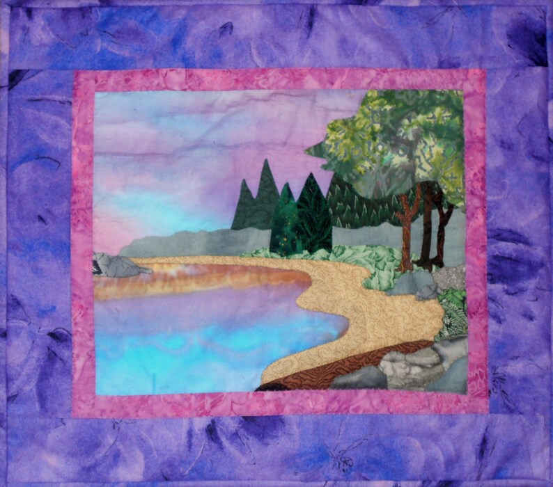 Quilted Wall Hanging Pondscape Landscape Pond Scene In Purples And Blues Beach Quilt Lake Scene Quilt At Sunset