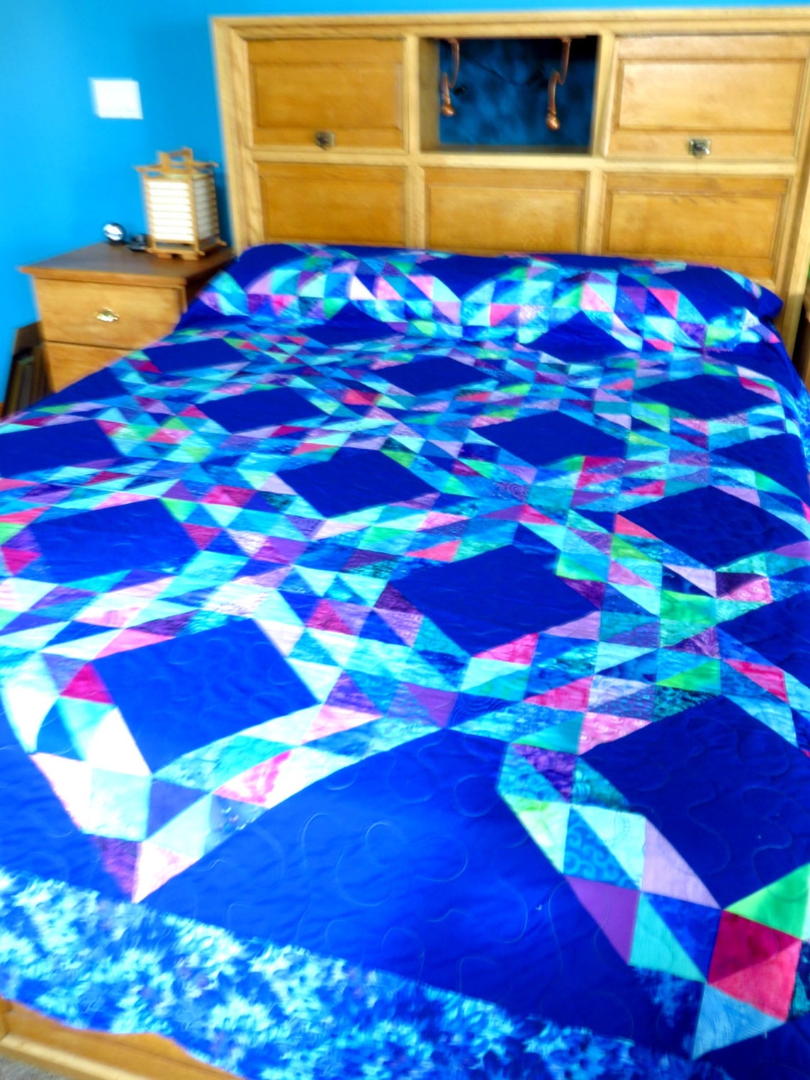 Queen Size King Size Ocean Waves Quilt in Blue, Purple, Pink and Green
