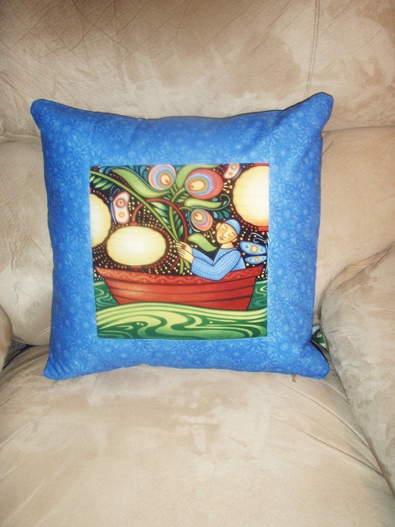 Quilted Pillow Cover Folk Art Fisherman Under Moonlight in Blue, Rust, Gold and Green