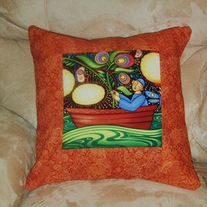 Quilted Pillow Cover Moonlight Fisherman With Rust Borders image 1