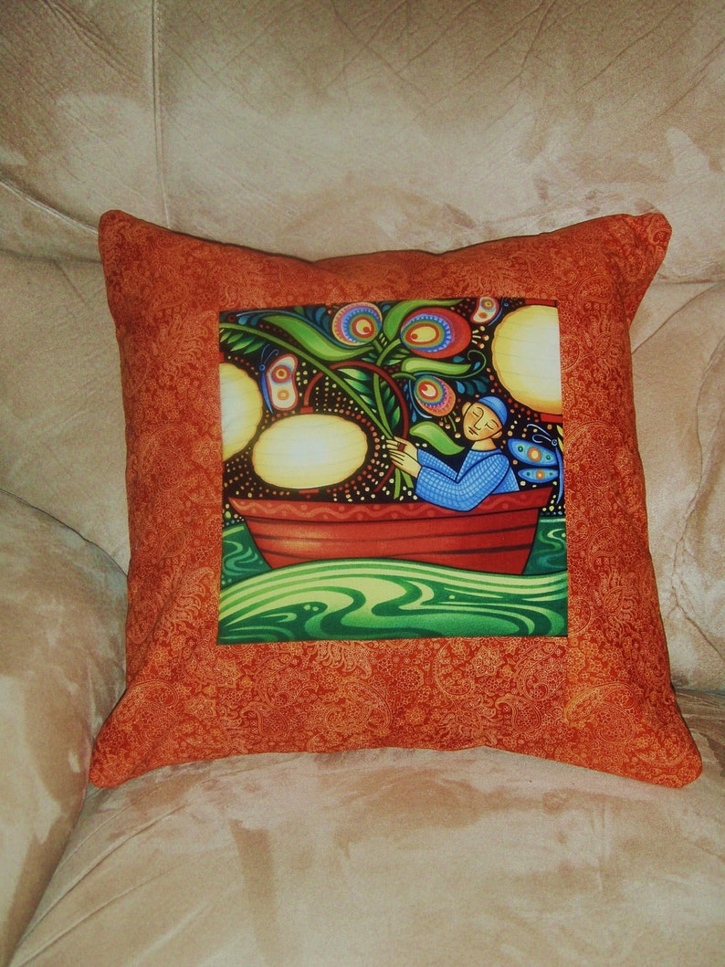 Quilted Pillow Cover Moonlight Fisherman With Rust Borders image 1