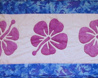 Table Runner Hawaiian Hibiscus Hand Appliqued in Purple and Blue