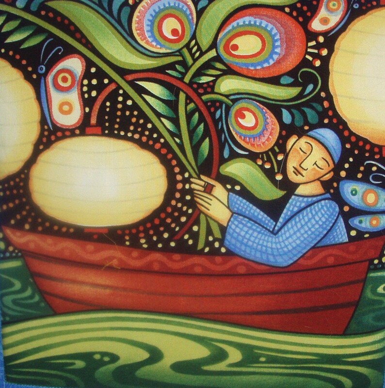 Puede incluir: Una ilustraci&oacute;n colorida de una persona con una camisa azul remando un bote rojo. El bote est&aacute; lleno de flores y hojas. El fondo es un patr&oacute;n verde oscuro y negro.