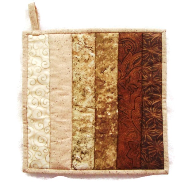 Quilted Potholder  / Hotpad -- Ombre Sand Colored Colorwash in Shades from Ecru to Dark Brown with Brown Tropical Backing