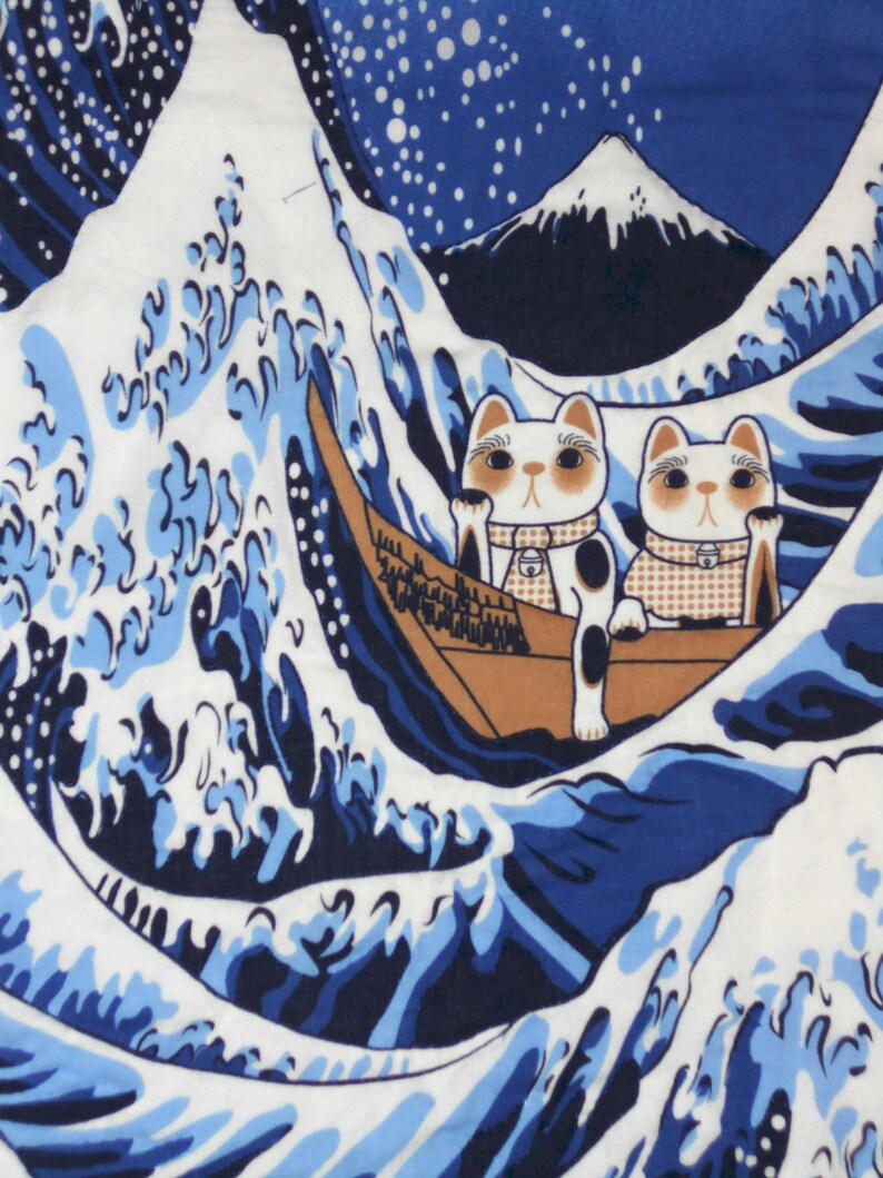 Quilted Wall Hanging Tenugui Japanese Fabric With Cats, Tsunami and