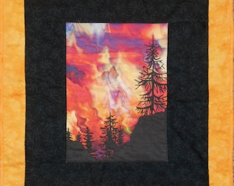 Quilted Wall Hanging Northern Lights in Black, Red, Orange and Yellow