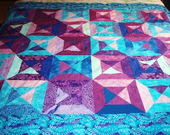 Quilt Lap or Throw Size Shadows Pattern in Shades of Purple and Blue