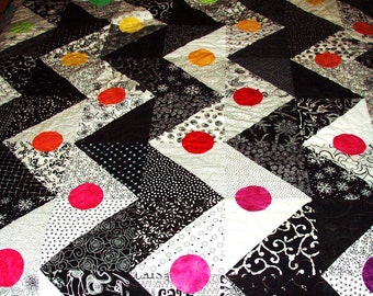 King Size Quilt- Black and White Zigzag Pattern with a Rainbow of Hand Dyed "Buttons"