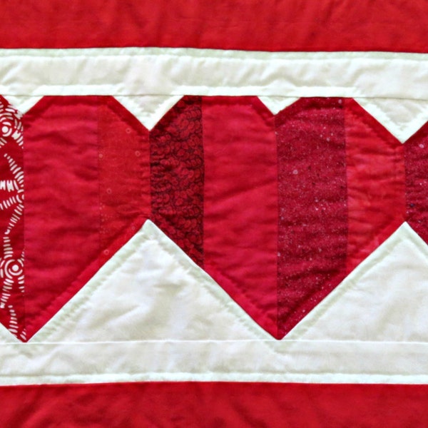 Quilted Heart Table Runner or Bed Scarf, Extra Long Red and White Table Runner, Hand Quilted