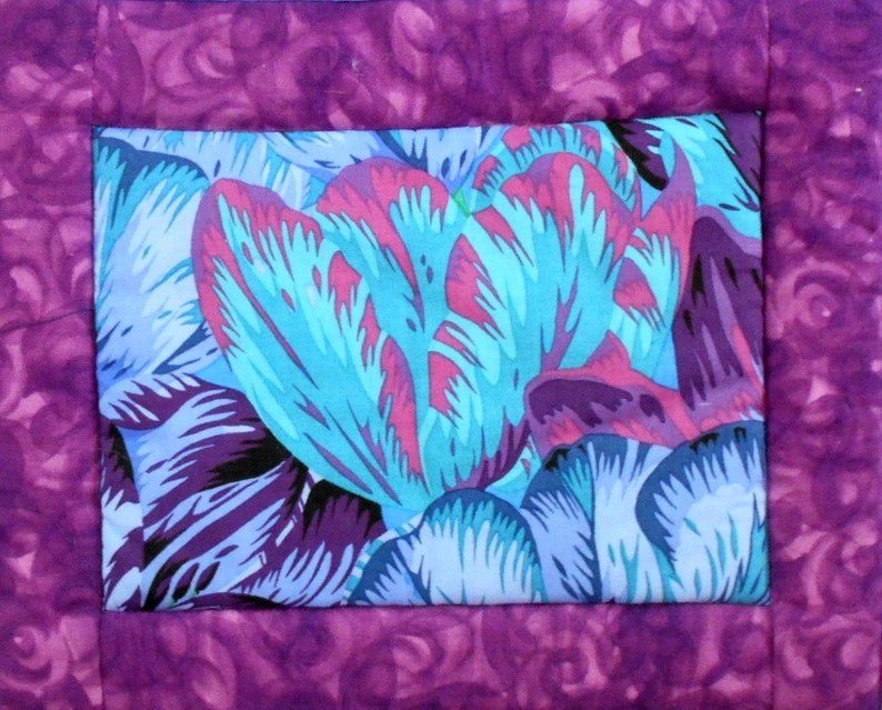 Quilted Pot Holder / Hot Pad Oversized Tropical Blue Flower with Purple Borders image 2