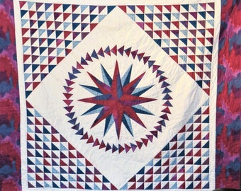 Vintage Mariner's Compass Quilt Made in Mid 1990s in Maroons, Blues and White, Made in New Hampshire, Spectacular Large Wall Quilt