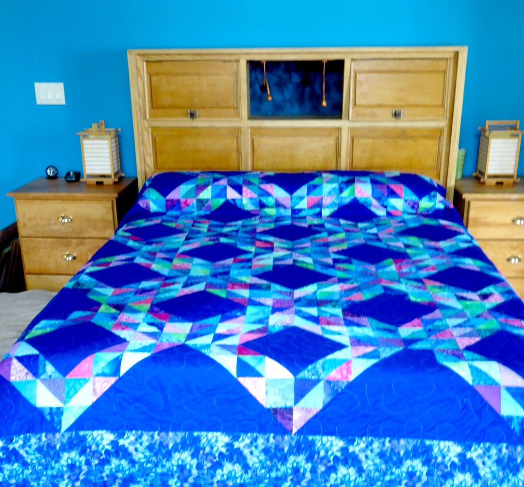 Queen Size King Size Ocean Waves Quilt in Blue, Purple, Pink and Green