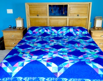 Queen Size King Size Ocean Waves Quilt in Blue, Purple, Pink and Green Queen Quilt King Quilt