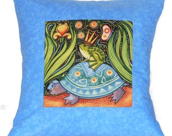 Quilted Pillow Cover Folk Art Frog Prince Riding on a Turtle with Blue Border