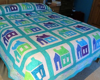 Queen Size Quilt, King Sized Quilt, Appliqued Houses Quilt in Shades of Aqua, Green, Purple and Blue, Handmade Quilt in Ocean Colors