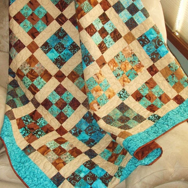 Lap Quilt Throw in Teal, Brown and Tan-- Patchwork 9-Patch