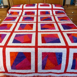 Queen Size or King Size Quilt in Shades of Red, Orange, Purple and Pink, Machine Pieced and Machine Quilted image 1