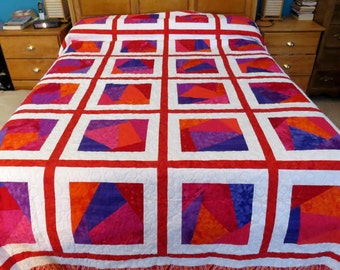 Queen Size or King Size Quilt in Shades of Red, Orange, Purple and Pink, Machine Pieced and Machine Quilted