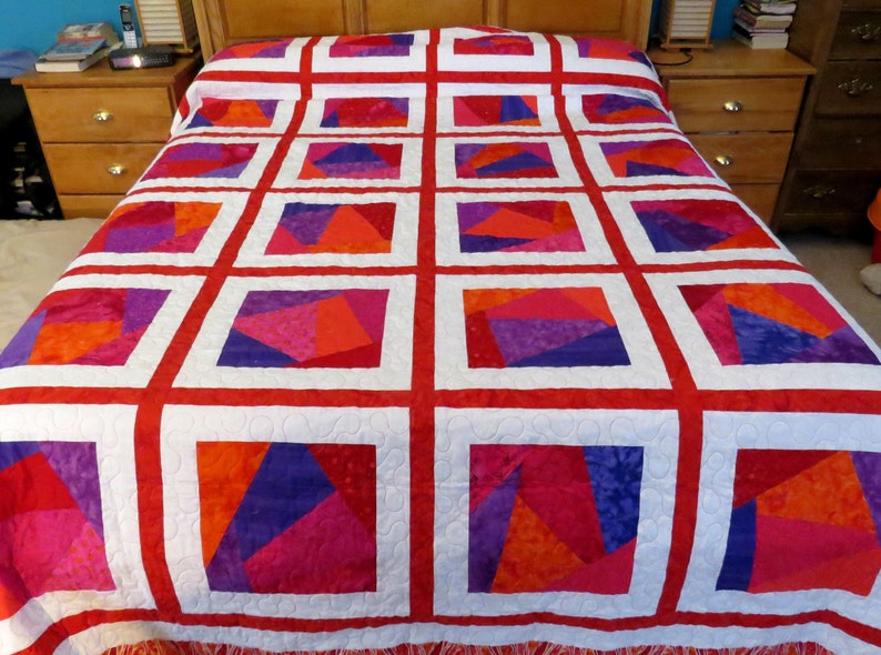 Queen Size or King Size Quilt in Shades of Red, Orange, Purple and Pink, Machine Pieced and Machine Quilted image 1