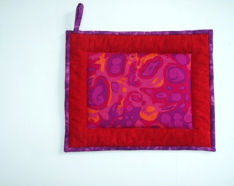 Oversized Quilted Pot Holder / Hot Pad -- Red, Pink and Orange "Amoeba" Fabric with Red Borders